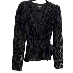 Express Wrap Front Leopard Metallic Long Sleeve Blouse Black  Size XS